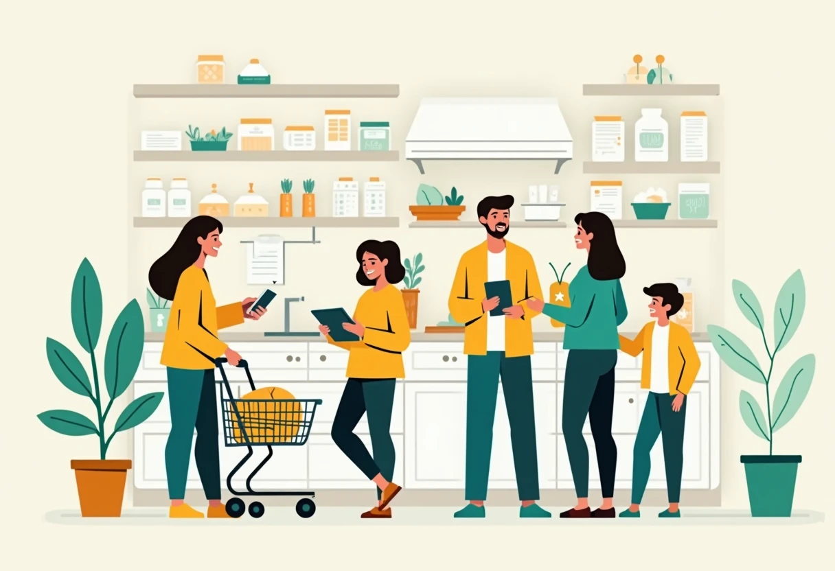 Familia revisando cupones de comida
