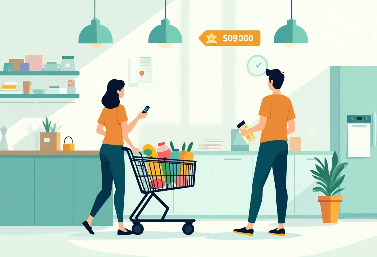 Carrito de compras lleno de comestibles con etiqueta de precio
