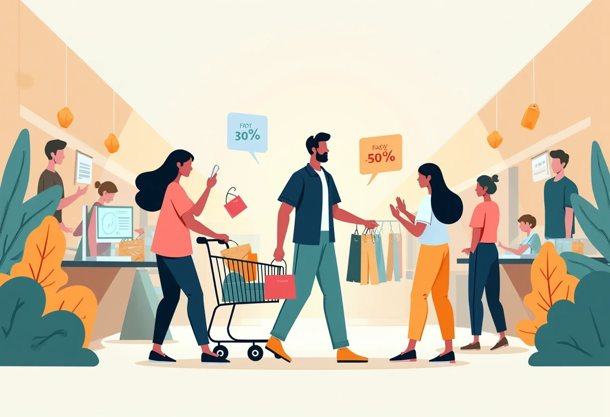Colorful discount tags in a retail setting